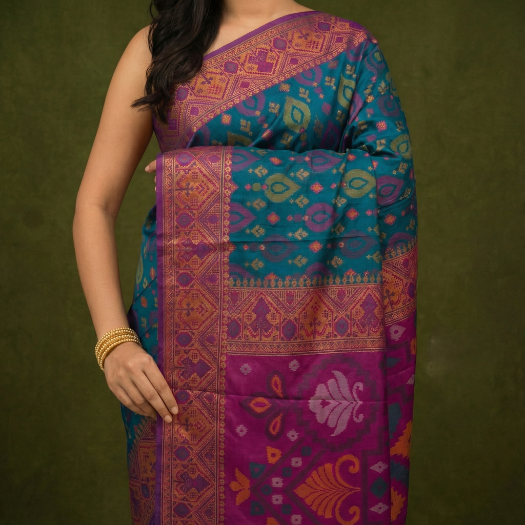 Dark Teal & Magenta Pochampally Ikkat Silk Saree