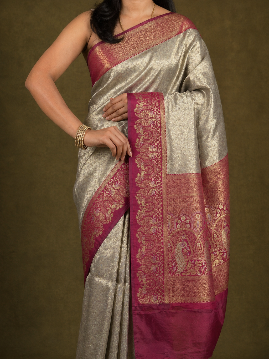 Cream Ivory Soft Silk Kanjivaram Saree with Deep Magenta Elephant Border