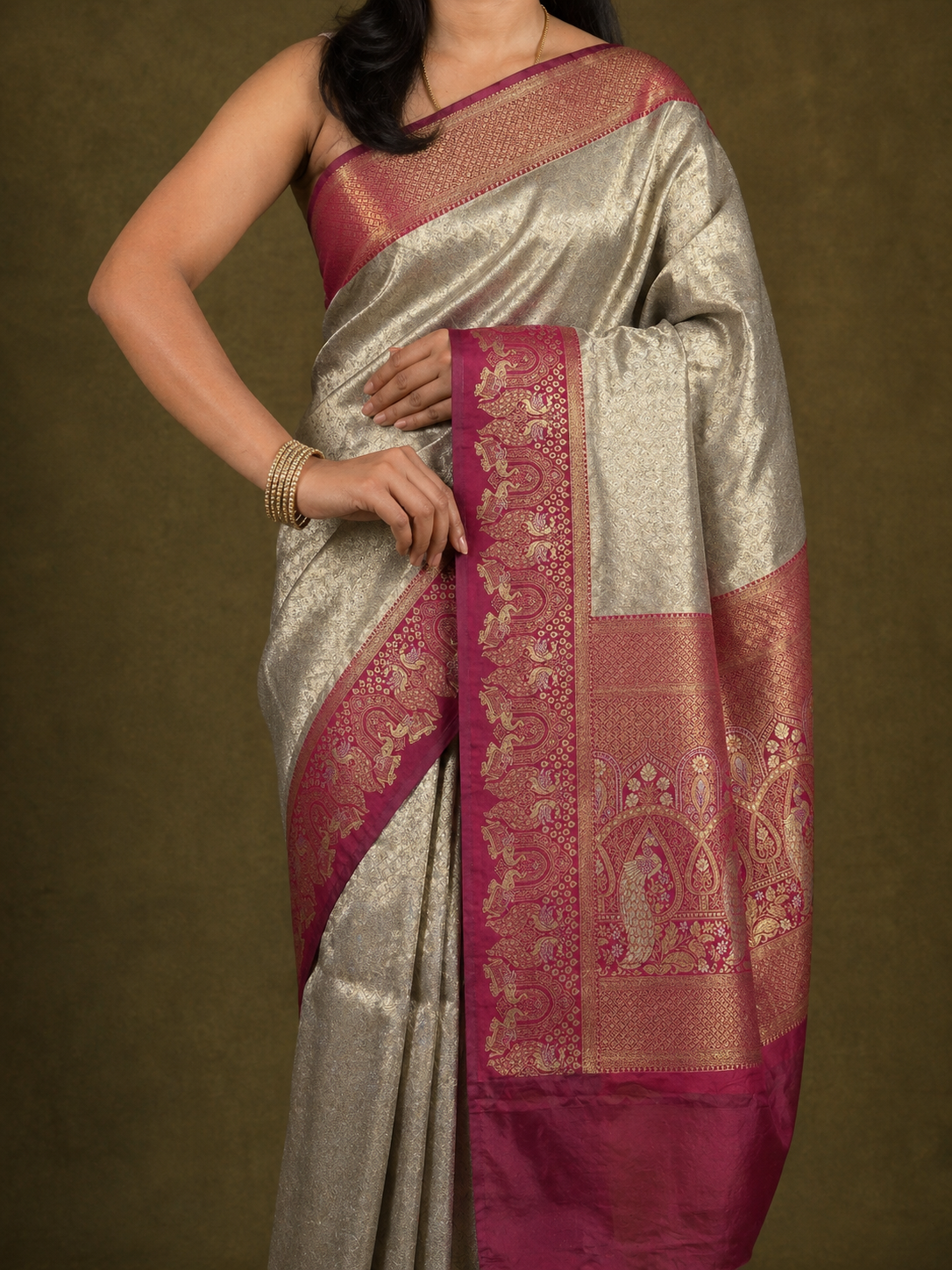 Cream Ivory Soft Silk Kanjivaram Saree with Deep Magenta Elephant Border