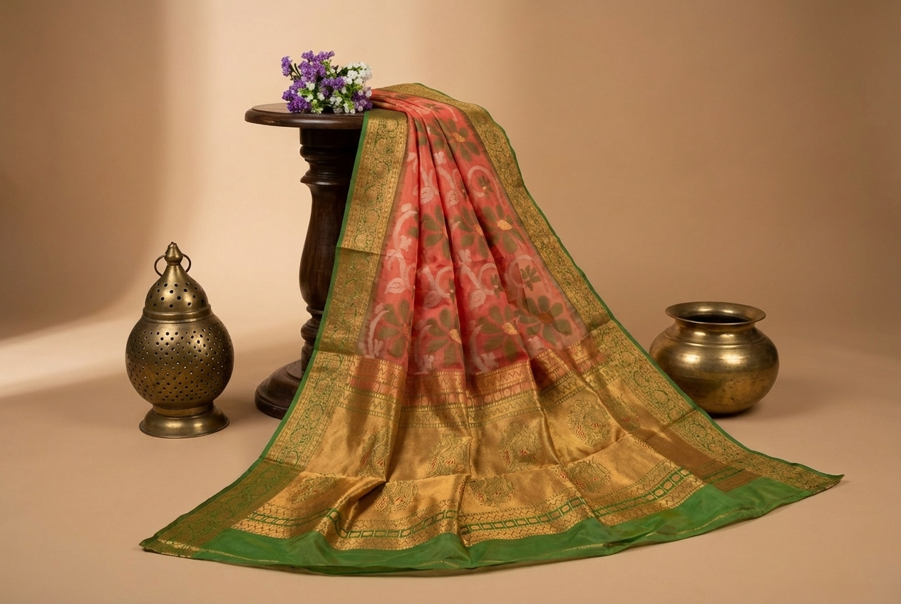 PI 06 Orange & Green Zari Floral Silk Saree