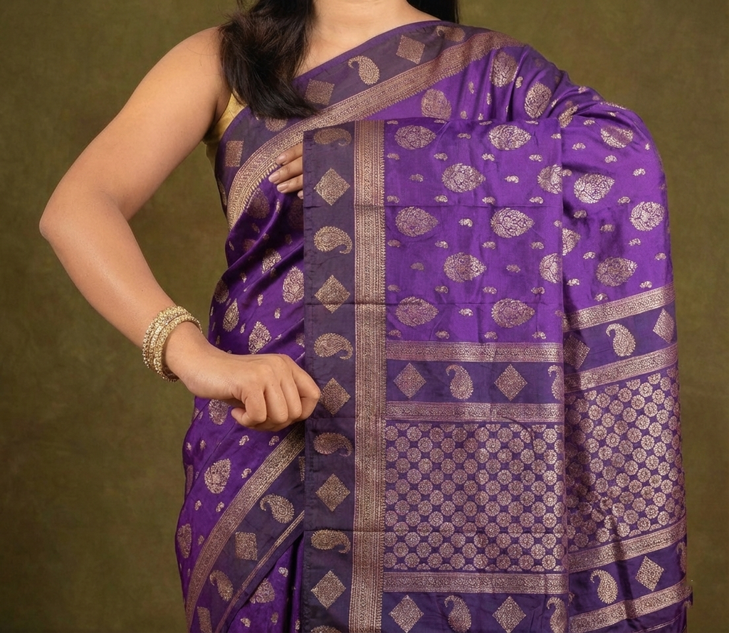 Royal Purple Resham Silk Saree With Gold Zari Border - No. AA2602