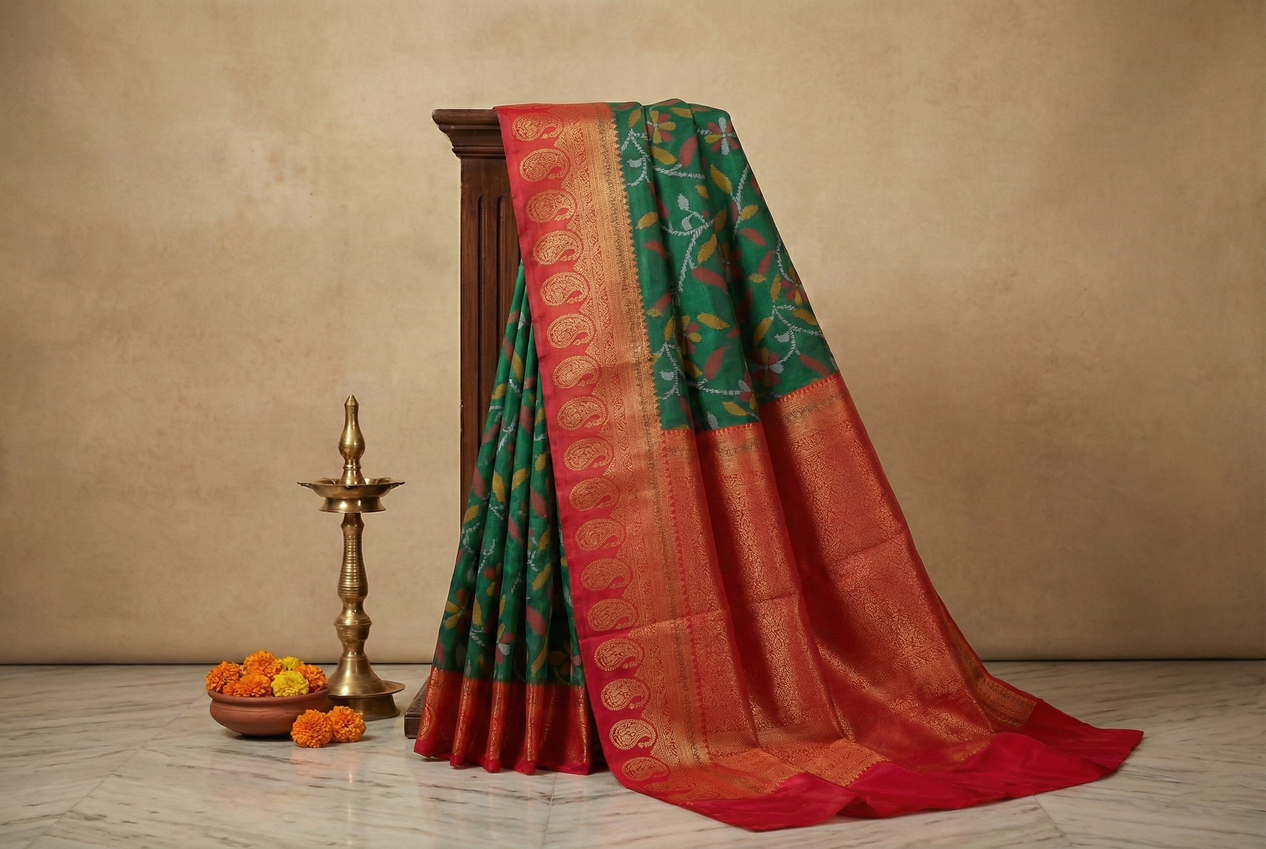 Forest Green & Red Ikkat Woven Soft Silk Saree