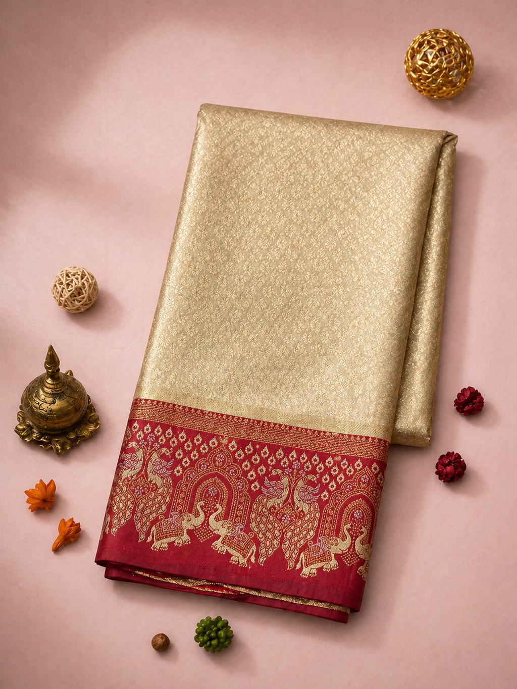Cream Ivory Soft Silk Kanjivaram Saree with Deep Magenta Elephant Border