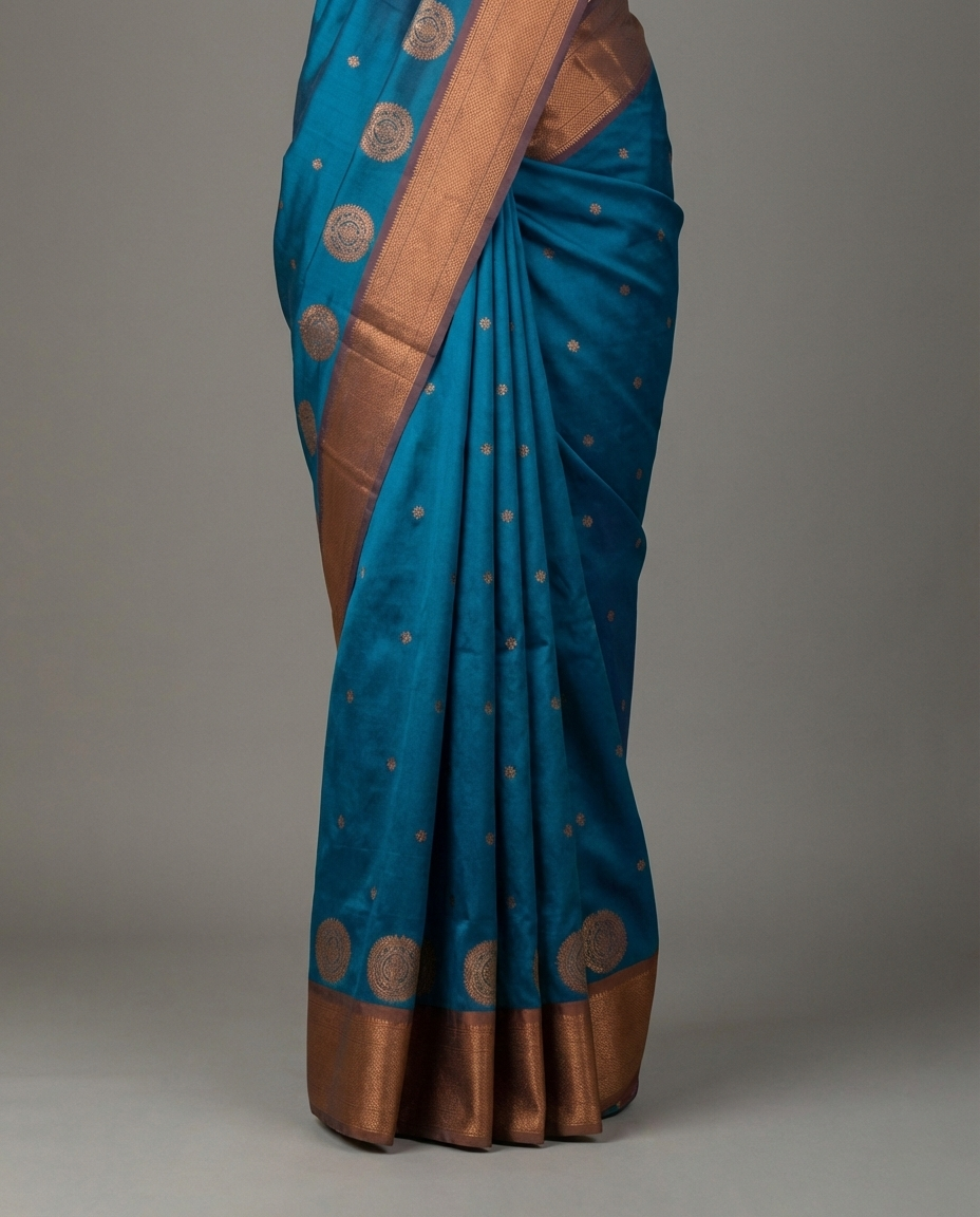 Peacock Blue & Copper Paithani Soft Silk Saree