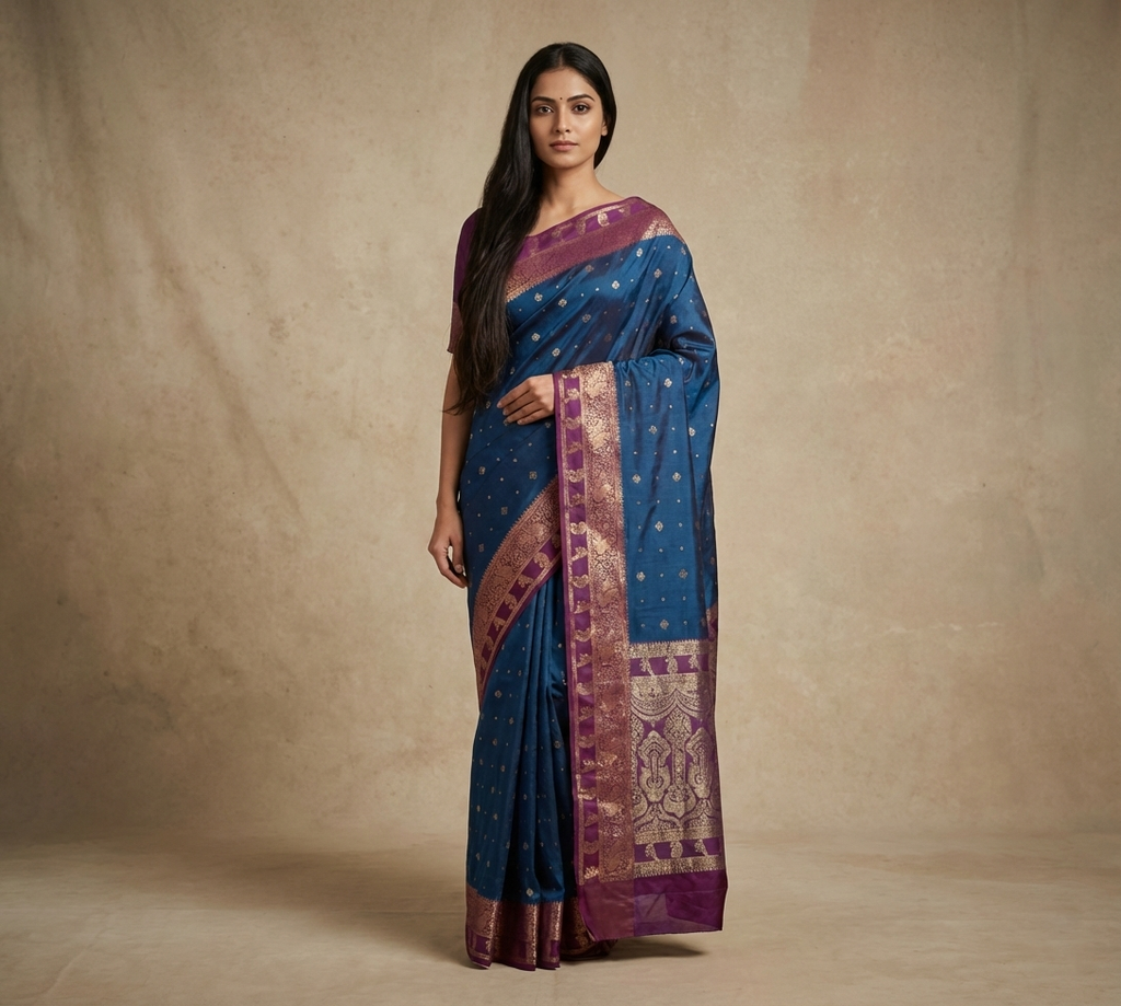 Majestic Royal Blue Resham Silk Saree with Purple Zari Border