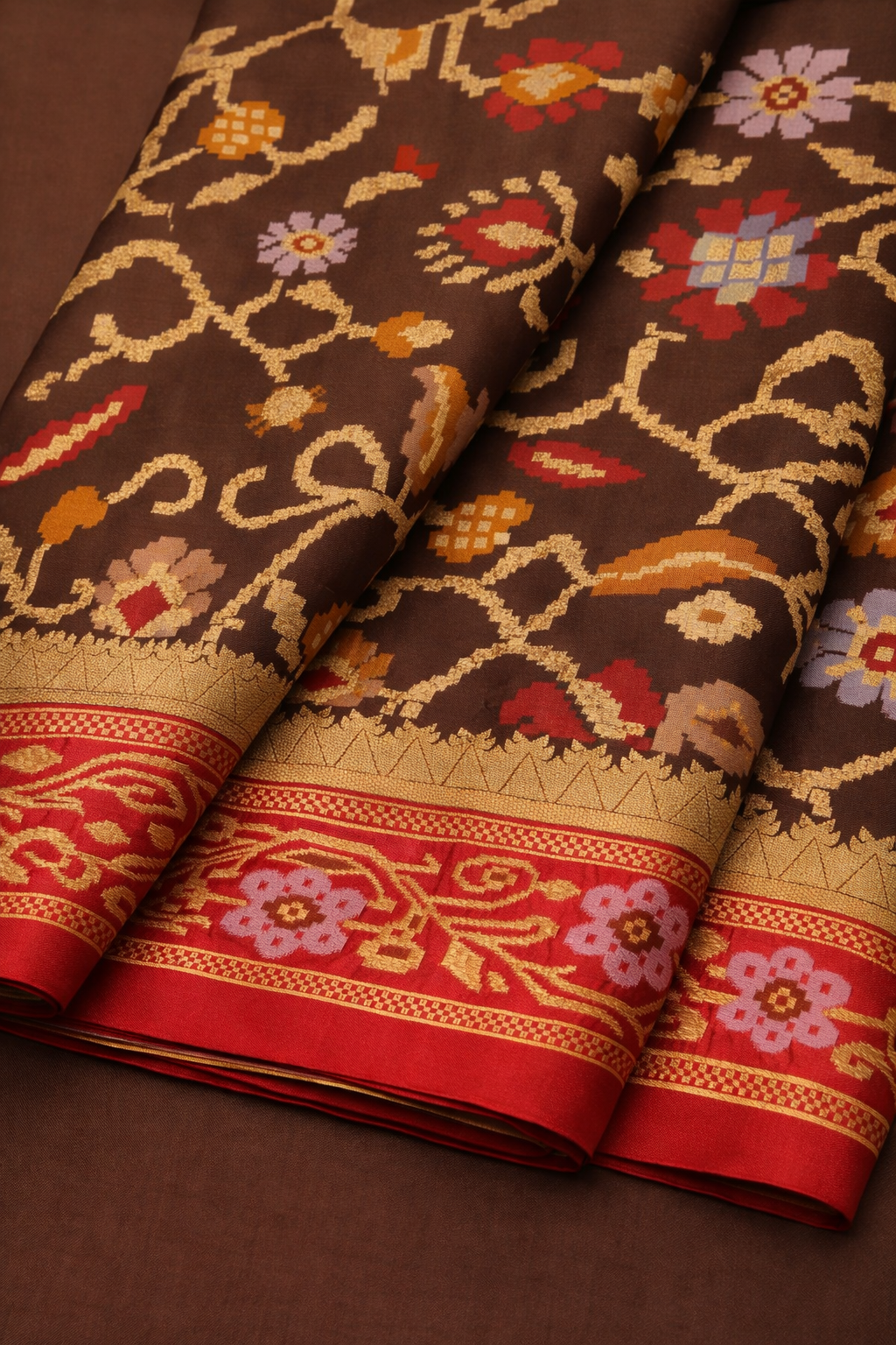 Classic Brown & Red Border Pochampally Ikat Soft Silk Saree