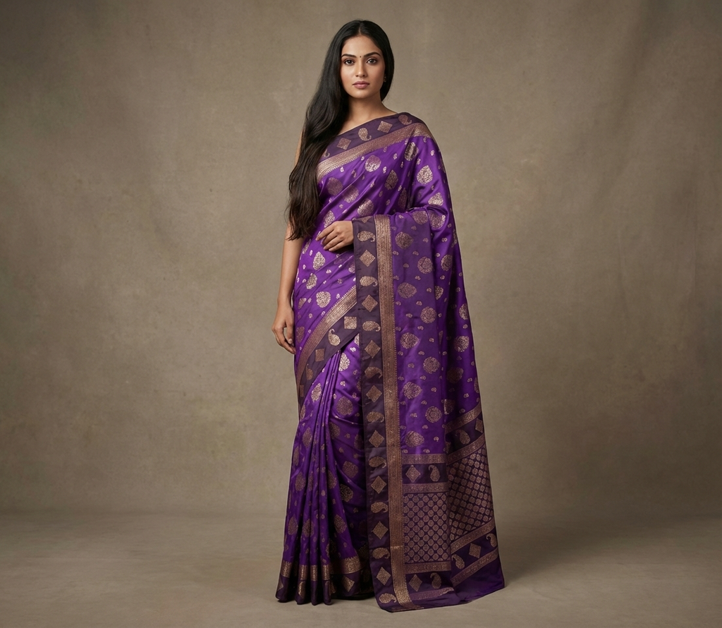 Royal Purple Resham Silk Saree With Gold Zari Border - No. AA2602