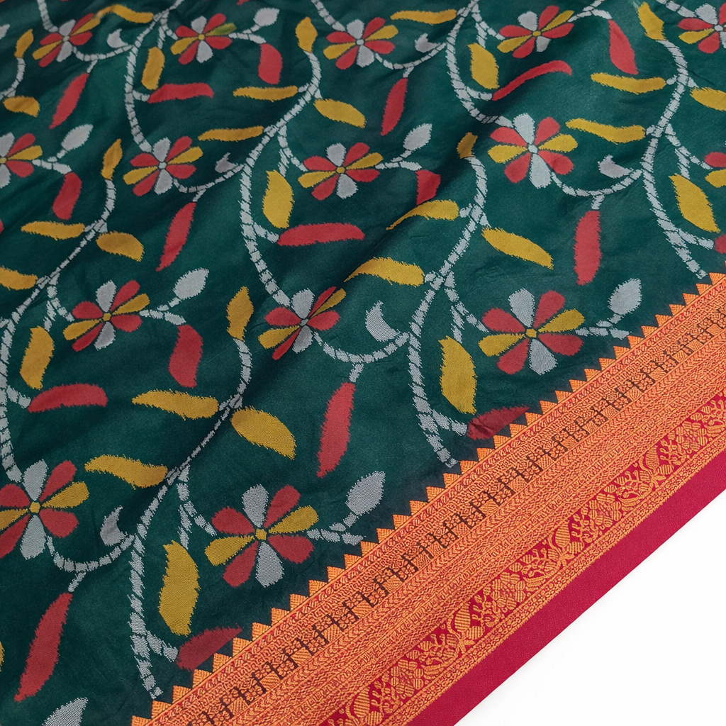 Forest Green & Red Ikkat Woven Soft Silk Saree