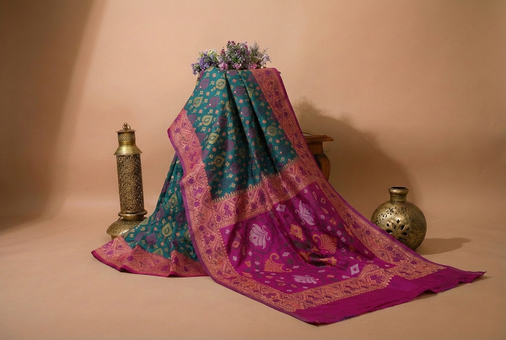 Dark Teal & Magenta Pochampally Ikkat Silk Saree