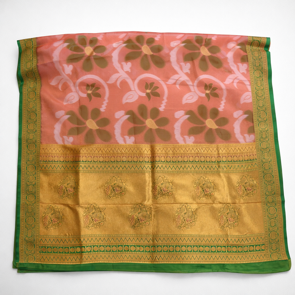 PI 06 Orange & Green Zari Floral Silk Saree