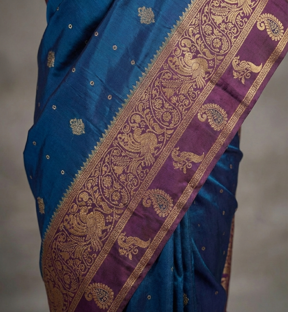 Majestic Royal Blue Resham Silk Saree with Purple Zari Border