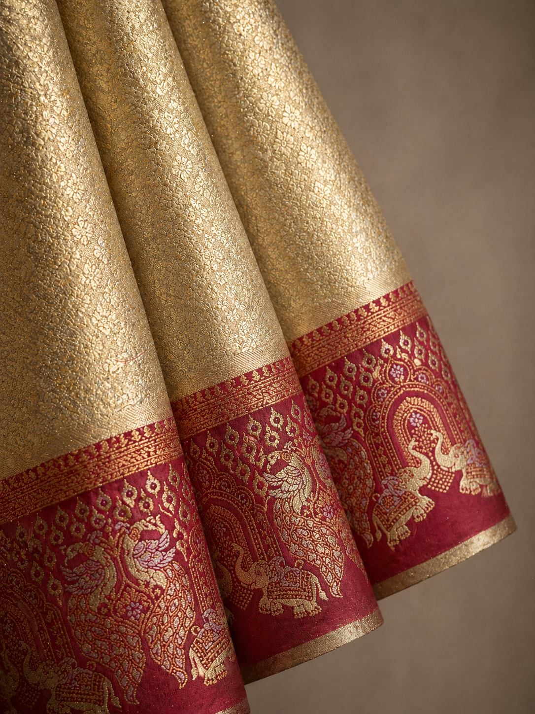 Cream Ivory Soft Silk Kanjivaram Saree with Deep Magenta Elephant Border