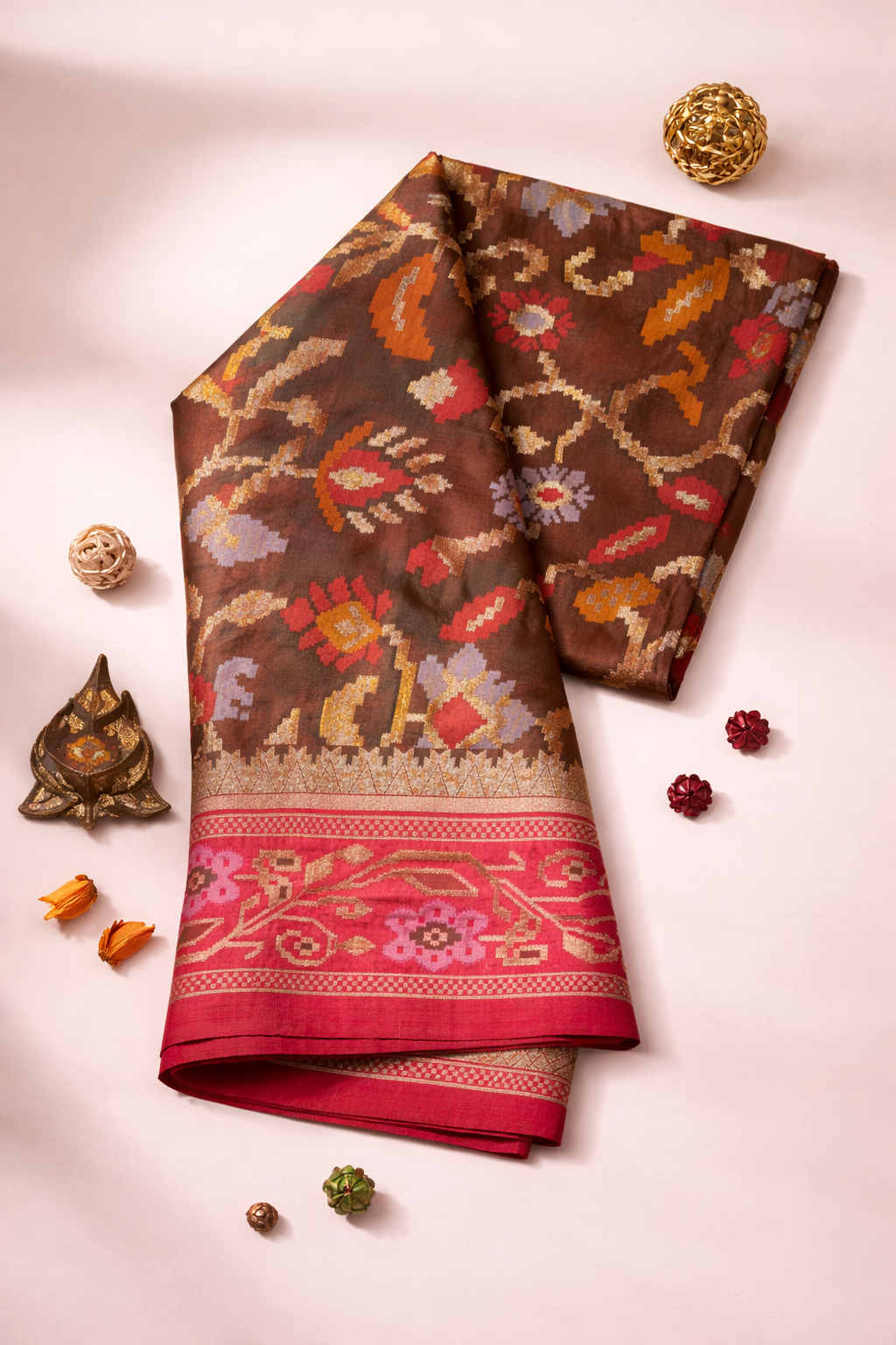 Classic Brown & Red Border Pochampally Ikat Soft Silk Saree