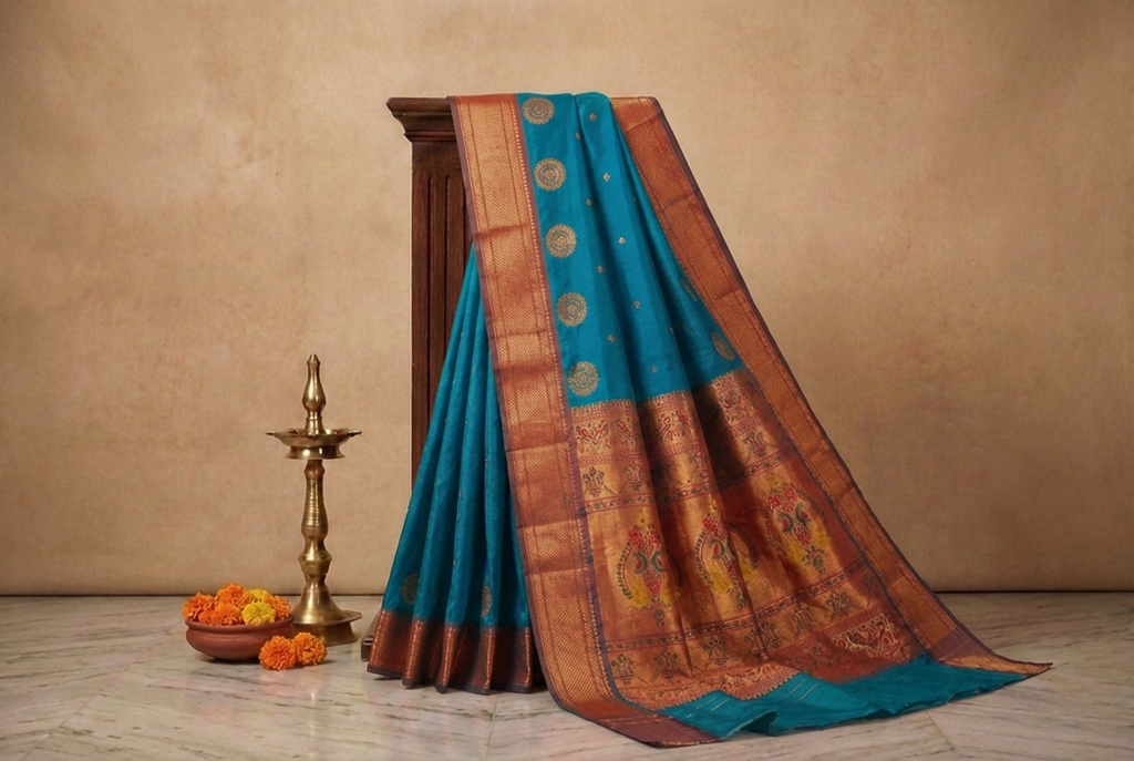 Peacock Blue & Copper Paithani Soft Silk Saree