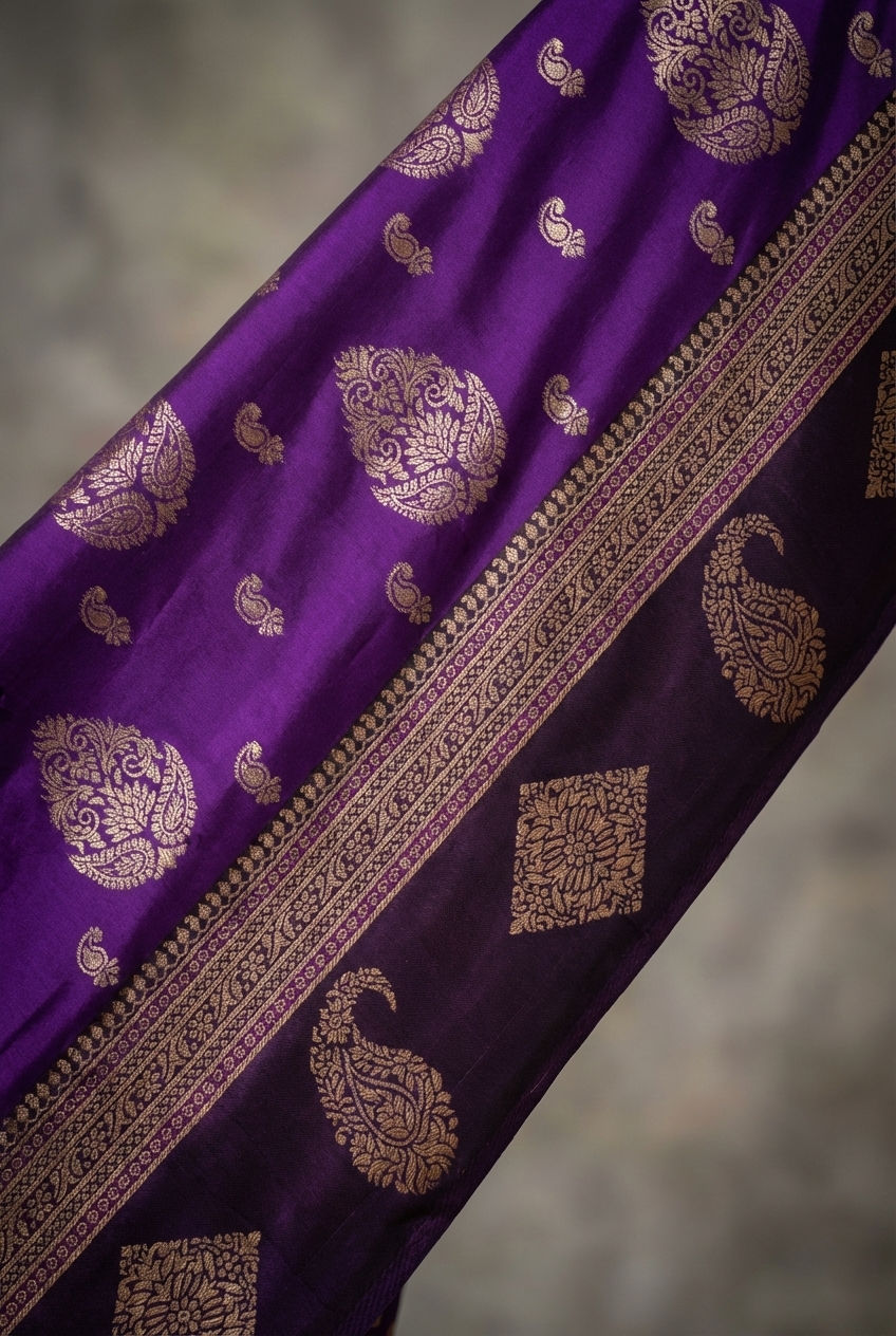 Royal Purple Resham Silk Saree With Gold Zari Border - No. AA2602