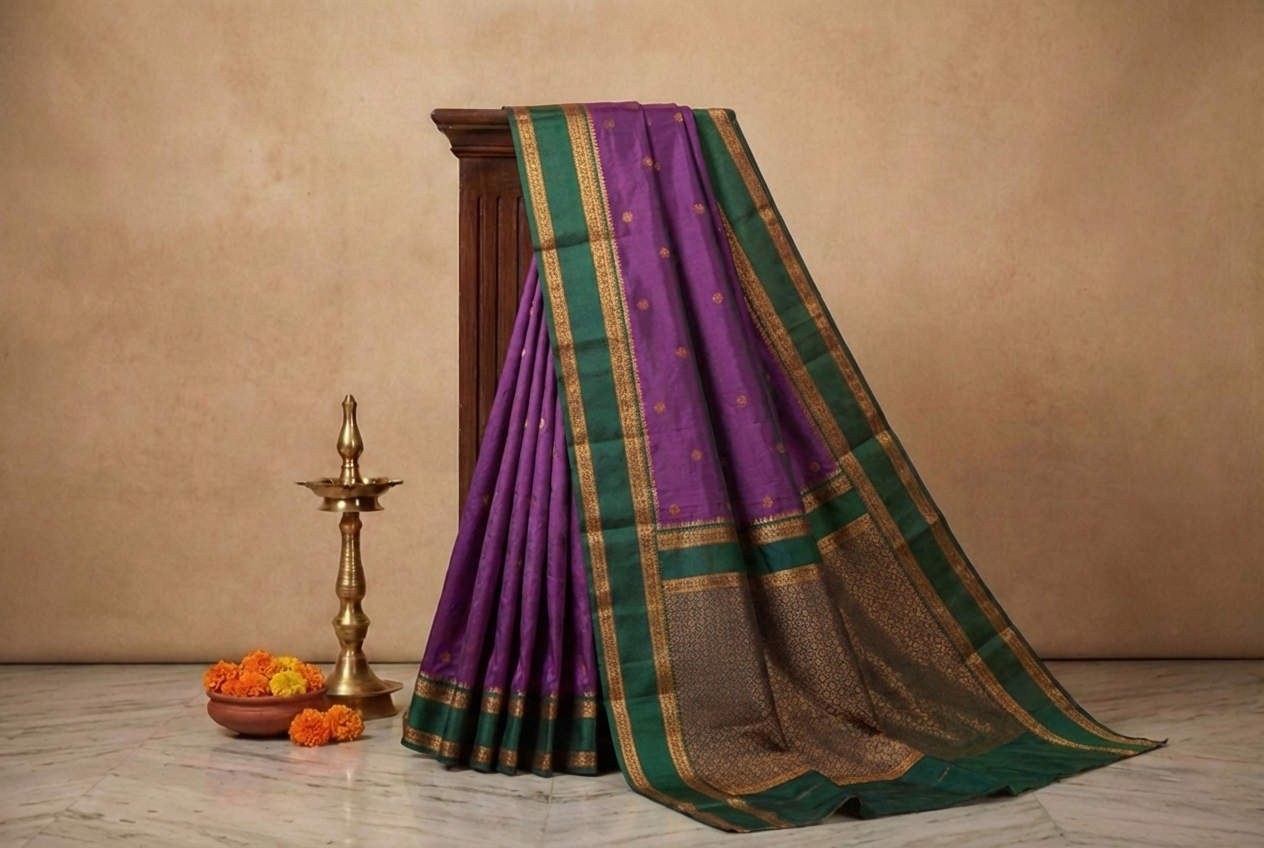 Royal Purple & Green Narayan Peth Soft Silk Saree