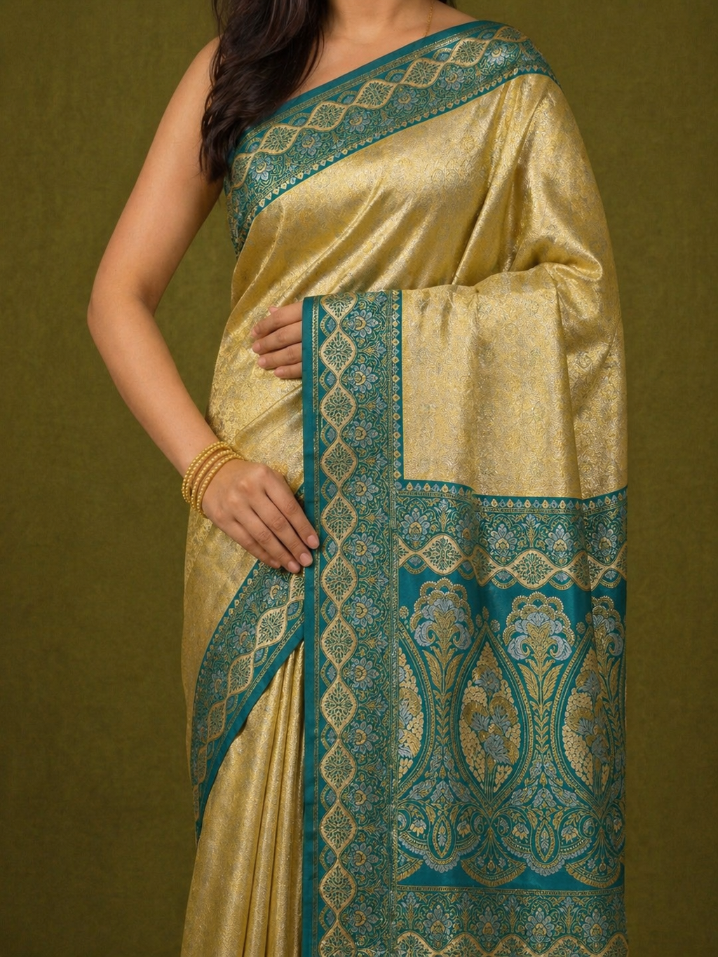 Golden Yellow Soft Silk Kanjivaram Saree with Teal Floral Vine Border