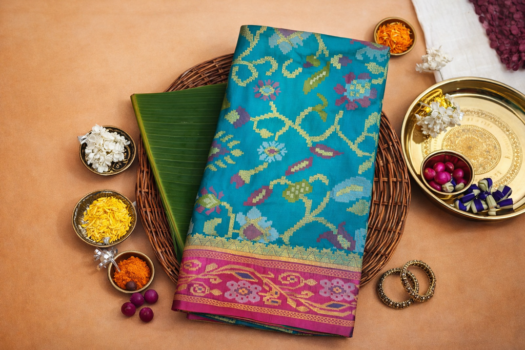 Teal Blue & Pink Border Pochampally Ikat Soft Silk Saree