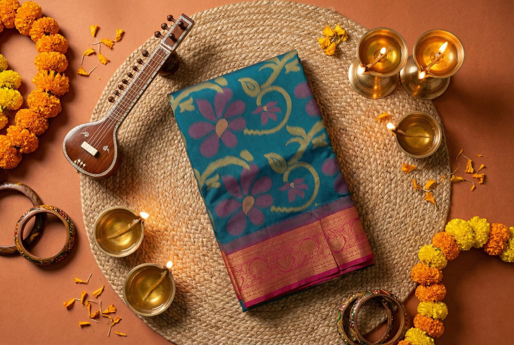 PI 05 Classic Teal & Red Zari Floral Silk Saree