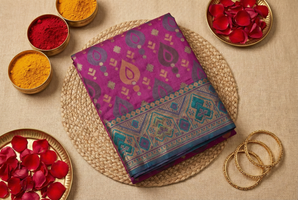 Rani Pink & Teal Pochampally Ikkat Silk Saree