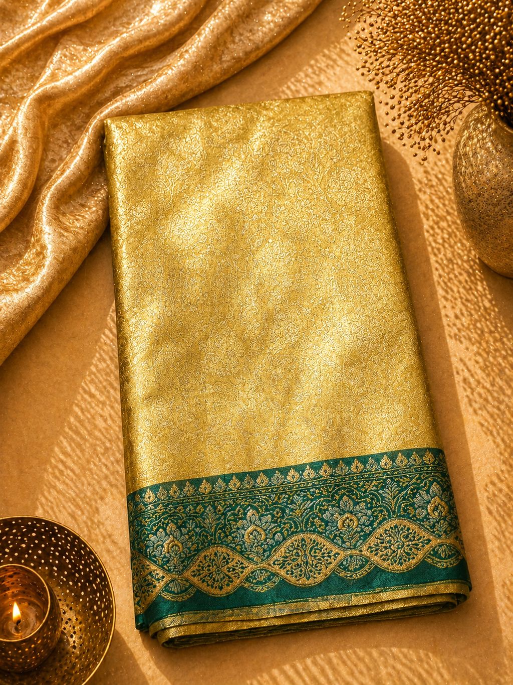 Golden Yellow Soft Silk Kanjivaram Saree with Teal Floral Vine Border