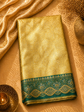 Golden Yellow Soft Silk Kanjivaram Saree with Teal Floral Vine Border