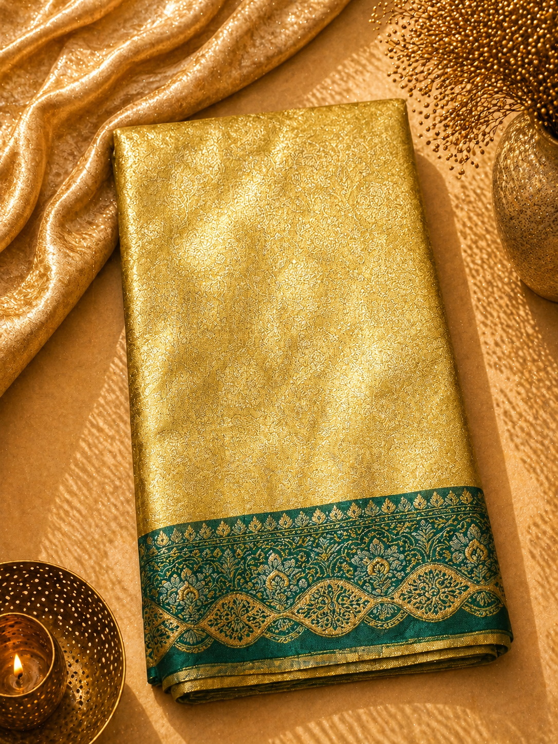 Golden Yellow Soft Silk Kanjivaram Saree with Teal Floral Vine Border