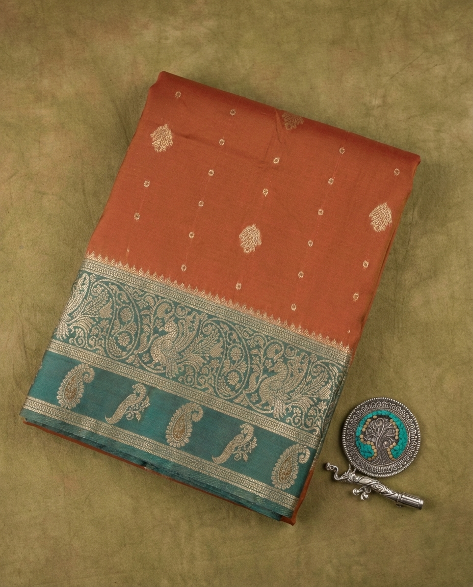 Graceful Rust Orange Resham Silk Saree with Sea Green Zari Border