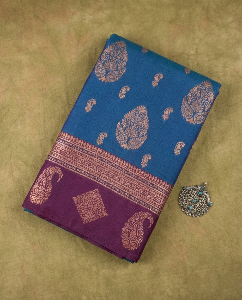Teal Blue & Purple Resham Kanjivaram Silk Saree With Zari Work - No. AA2602