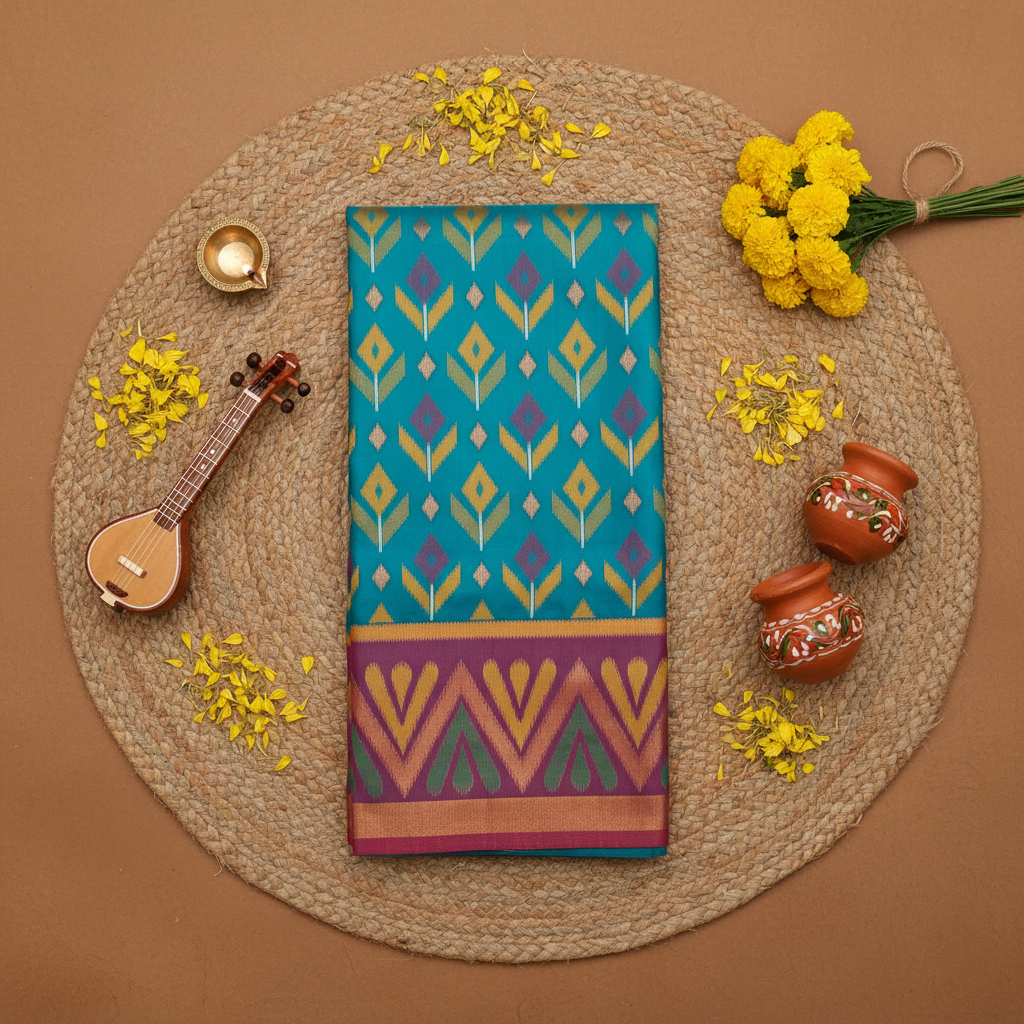 PIK-007 – Turquoise Blue & Purple Pochampally Ikkat Silk Saree