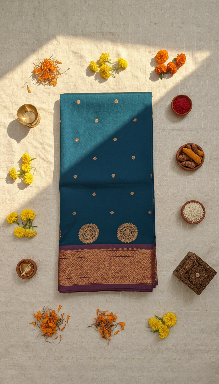 Turquoise Blue & Copper Paithani Soft Silk Saree