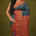 Classic Teal & Ruby Red Ikkat Woven Soft Silk Saree