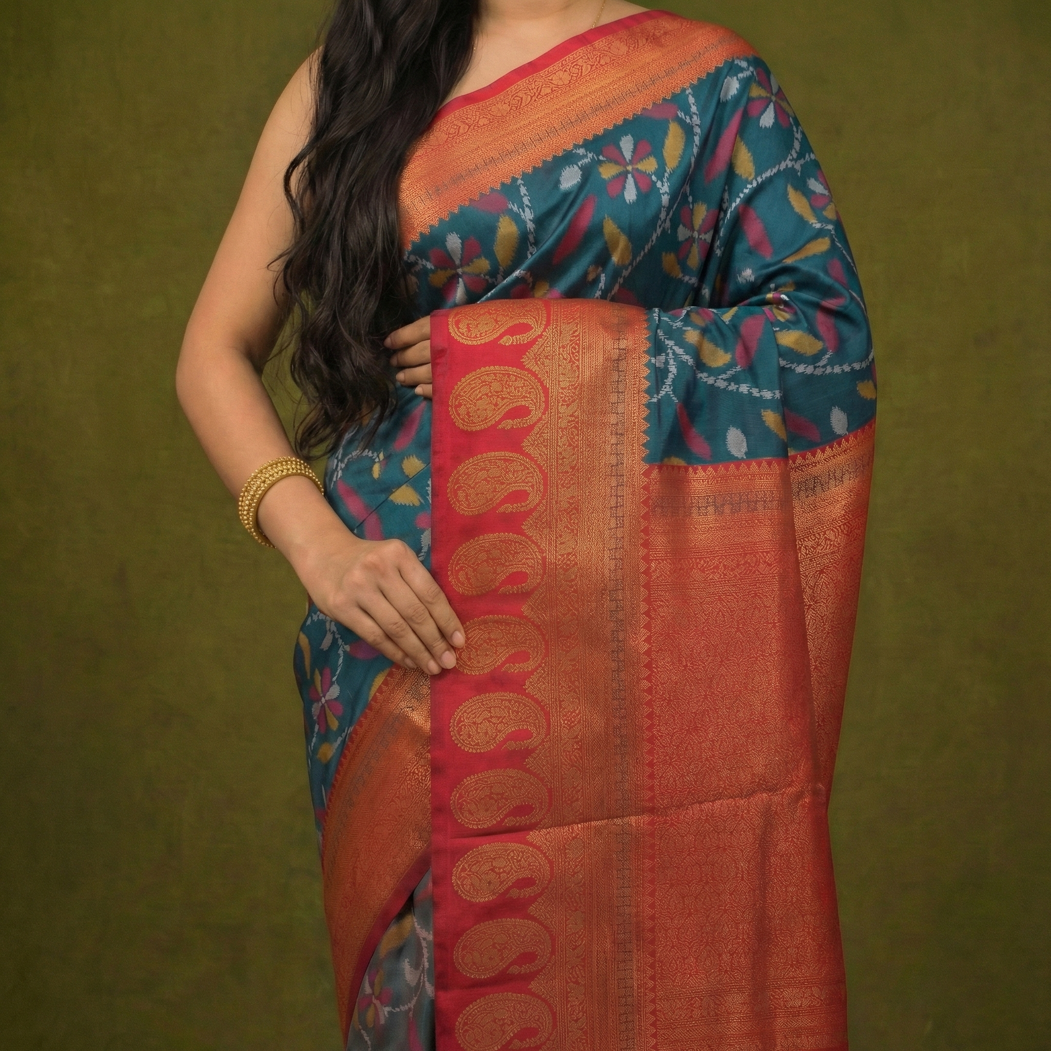 Classic Teal & Ruby Red Ikkat Woven Soft Silk Saree