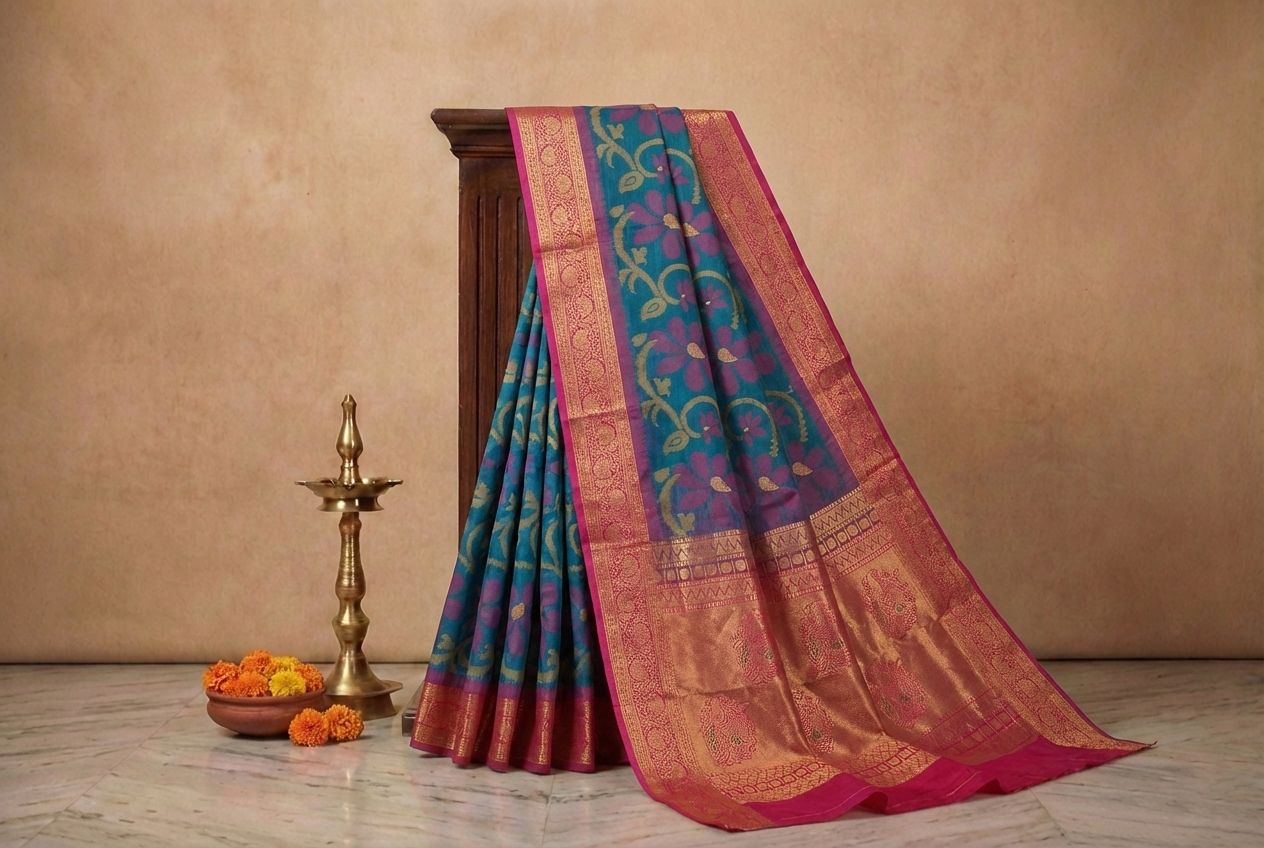 PI 05 Classic Teal & Red Zari Floral Silk Saree