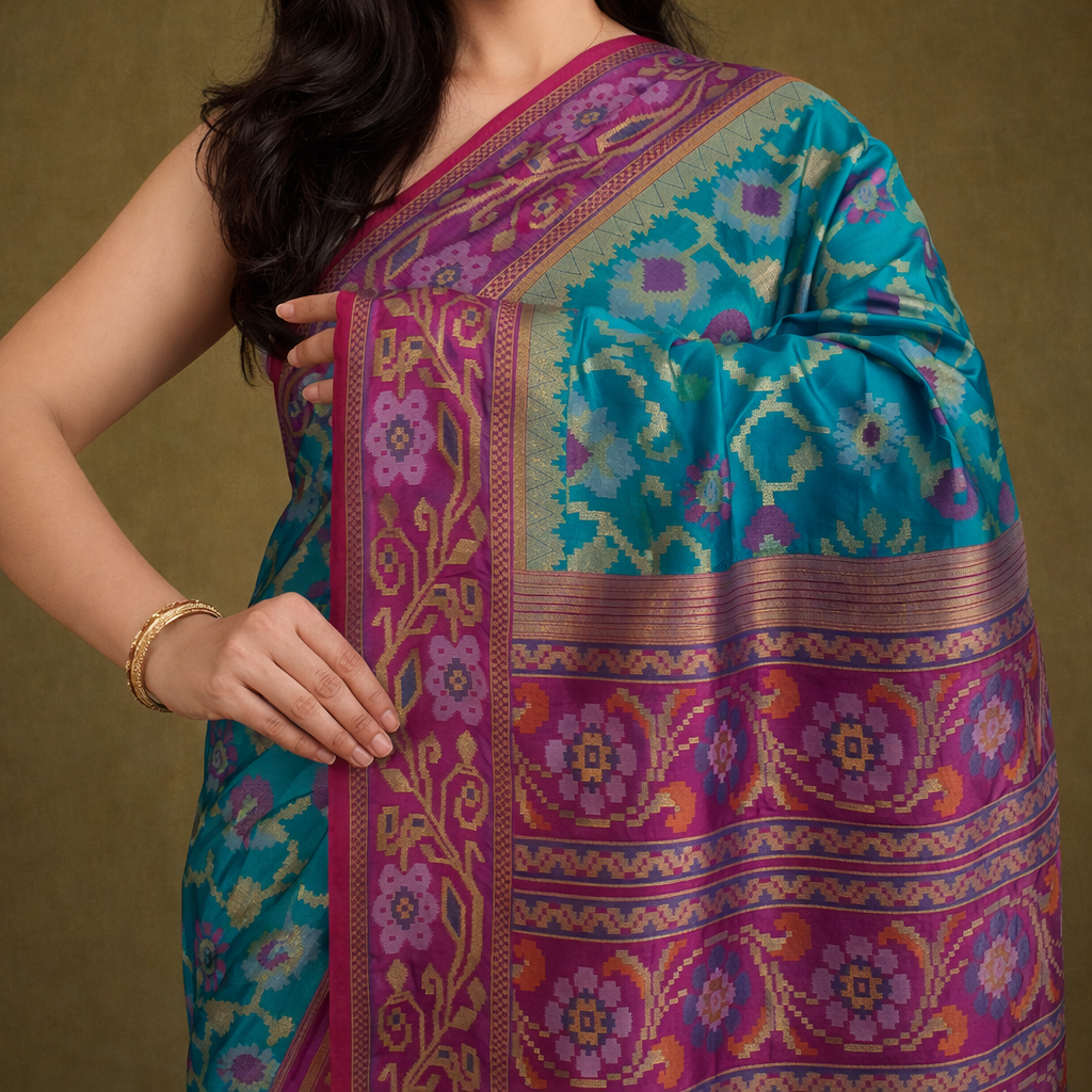 Teal Blue & Pink Border Pochampally Ikat Soft Silk Saree