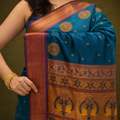 Turquoise Blue & Copper Paithani Soft Silk Saree