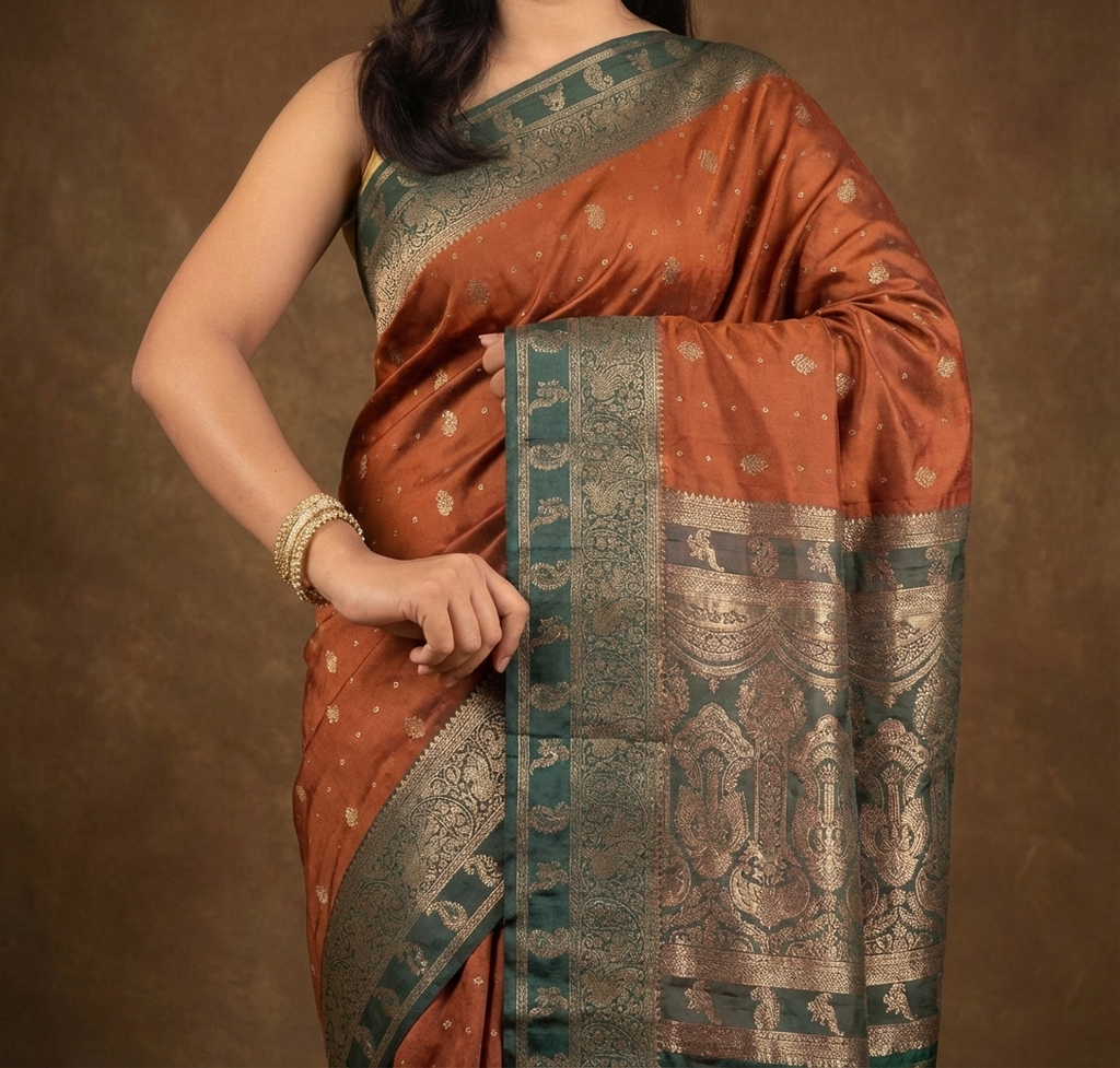 Graceful Rust Orange Resham Silk Saree with Sea Green Zari Border