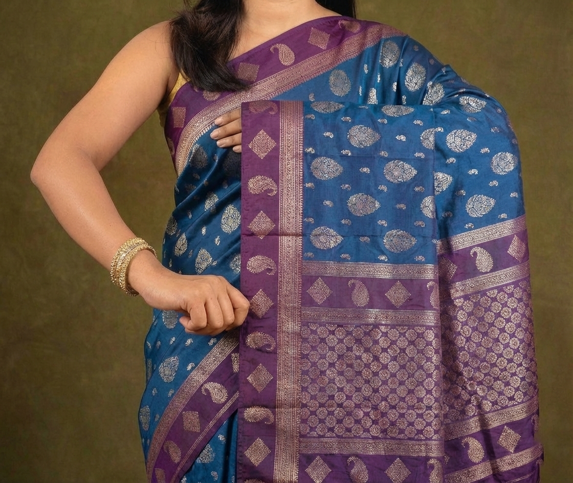 Teal Blue & Purple Resham Kanjivaram Silk Saree With Zari Work - No. AA2602
