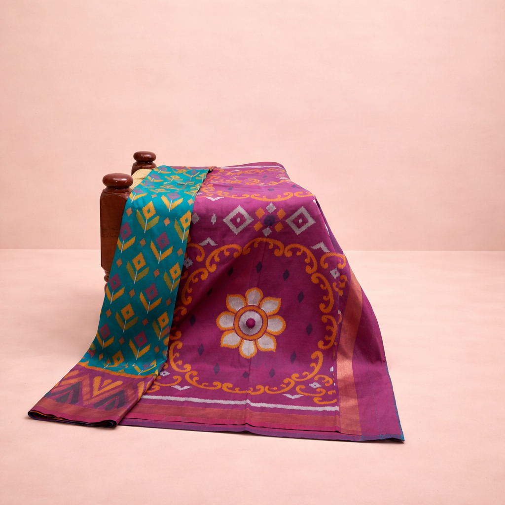 PIK-007 – Turquoise Blue & Purple Pochampally Ikkat Silk Saree