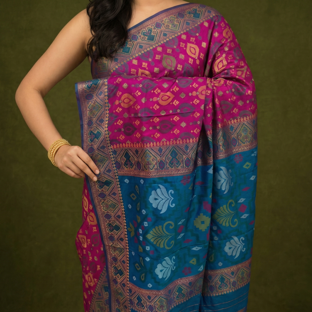 Rani Pink & Teal Pochampally Ikkat Silk Saree