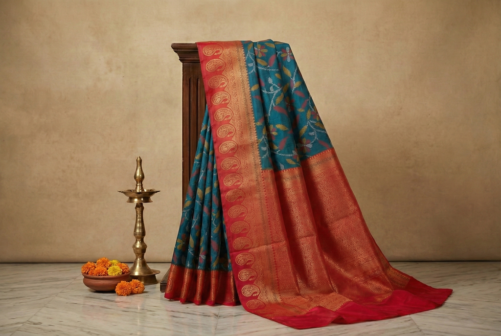 Classic Teal & Ruby Red Ikkat Woven Soft Silk Saree
