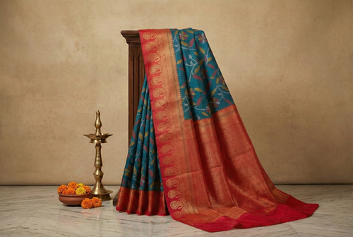 Classic Teal & Ruby Red Ikkat Woven Soft Silk Saree