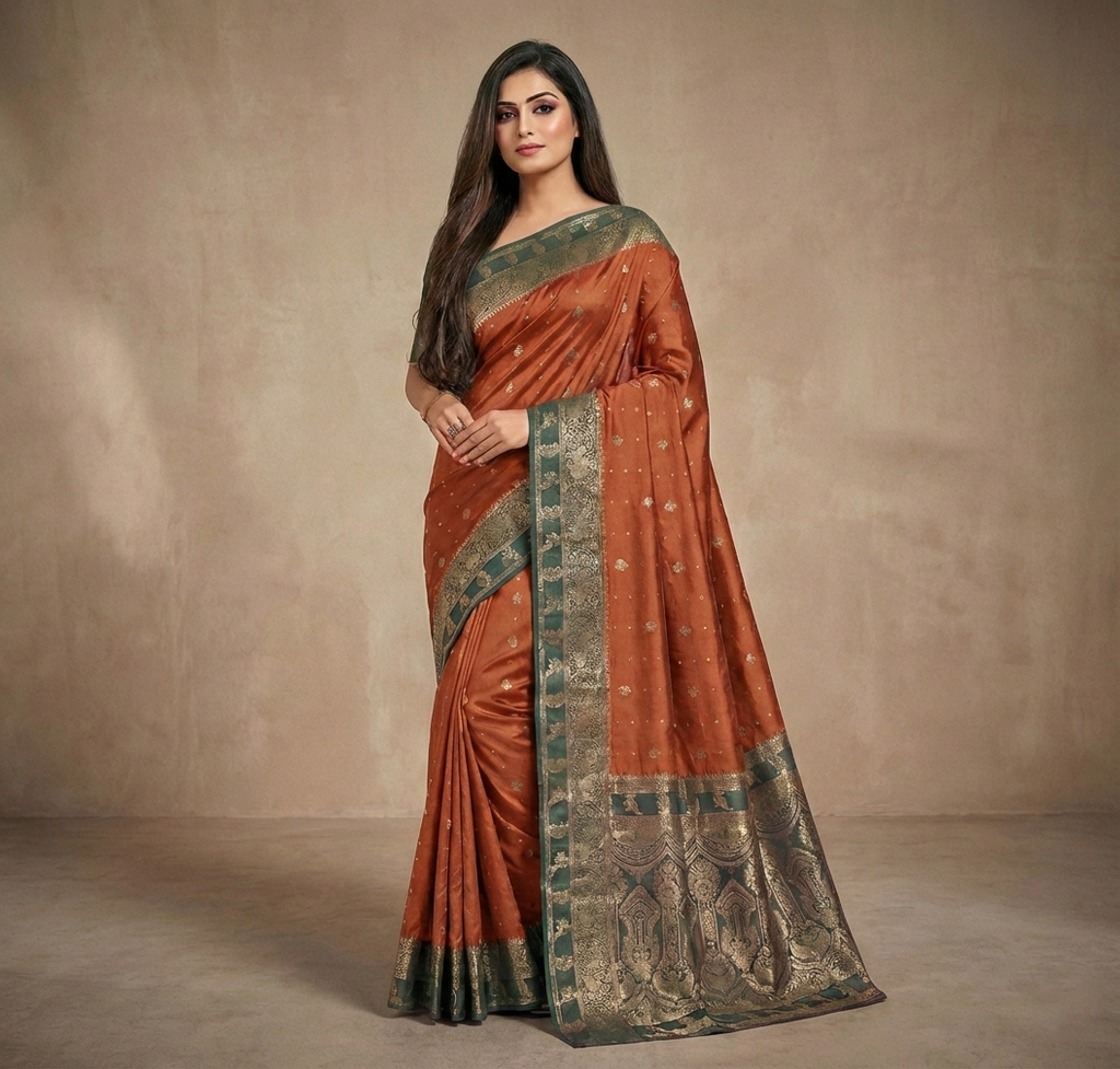 Graceful Rust Orange Resham Silk Saree with Sea Green Zari Border