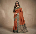 Graceful Rust Orange Resham Silk Saree with Sea Green Zari Border