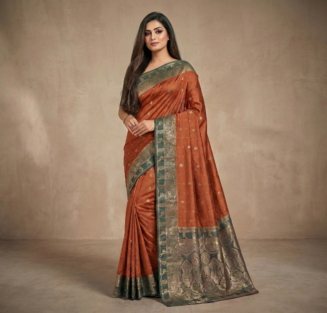Graceful Rust Orange Resham Kanjivaram Silk Saree with Sea Green Zari Border