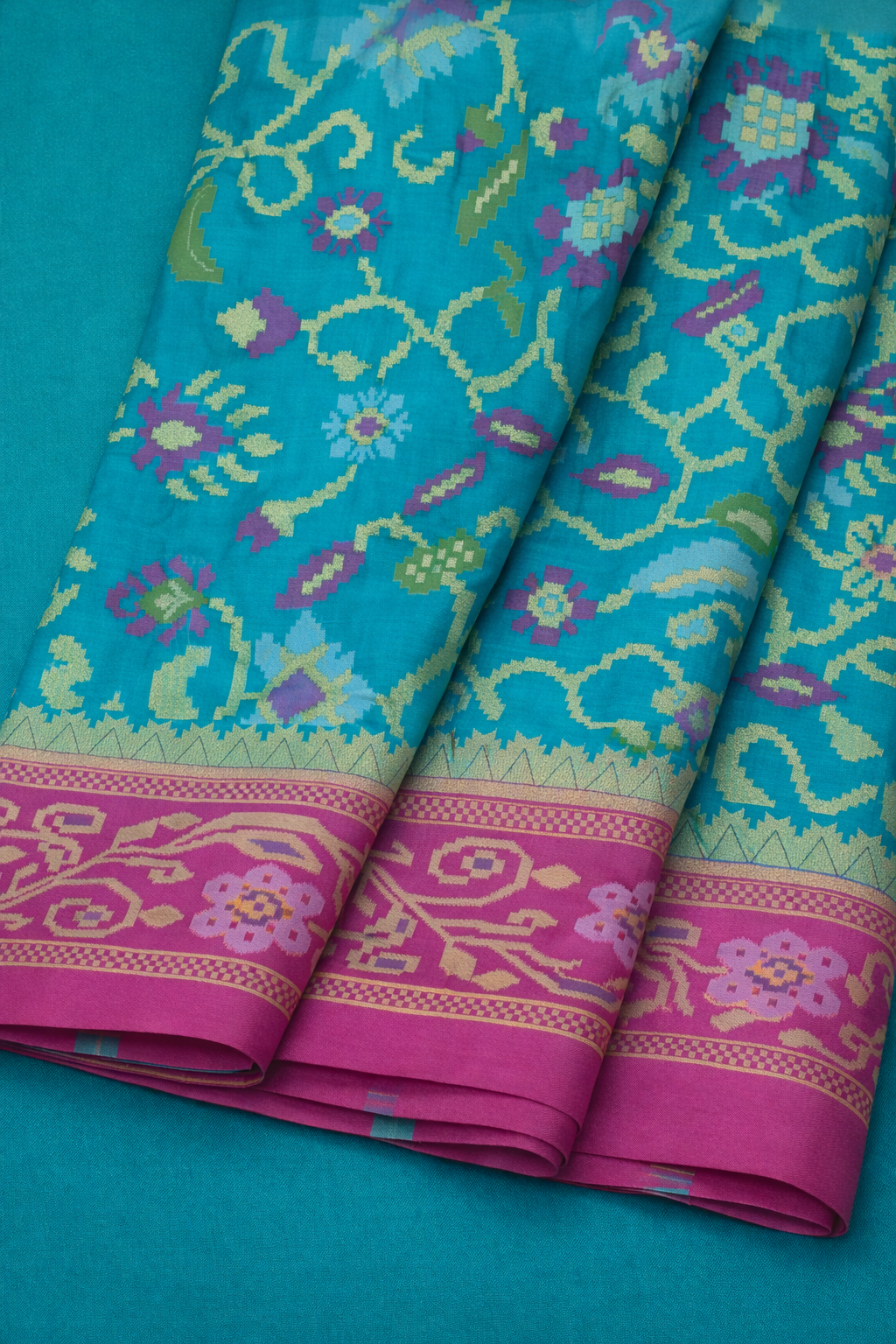 Teal Blue & Pink Border Pochampally Ikat Soft Silk Saree