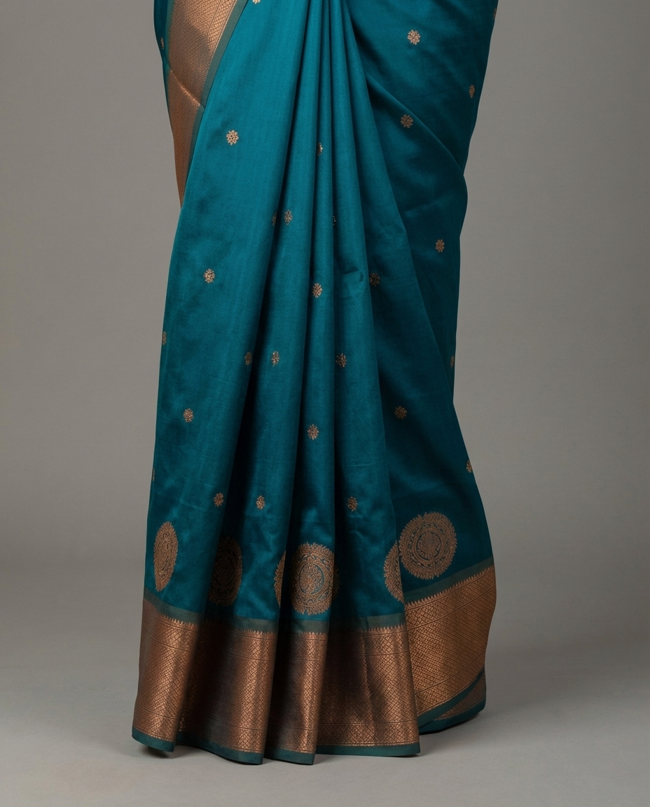 Turquoise Blue & Copper Paithani Soft Silk Saree