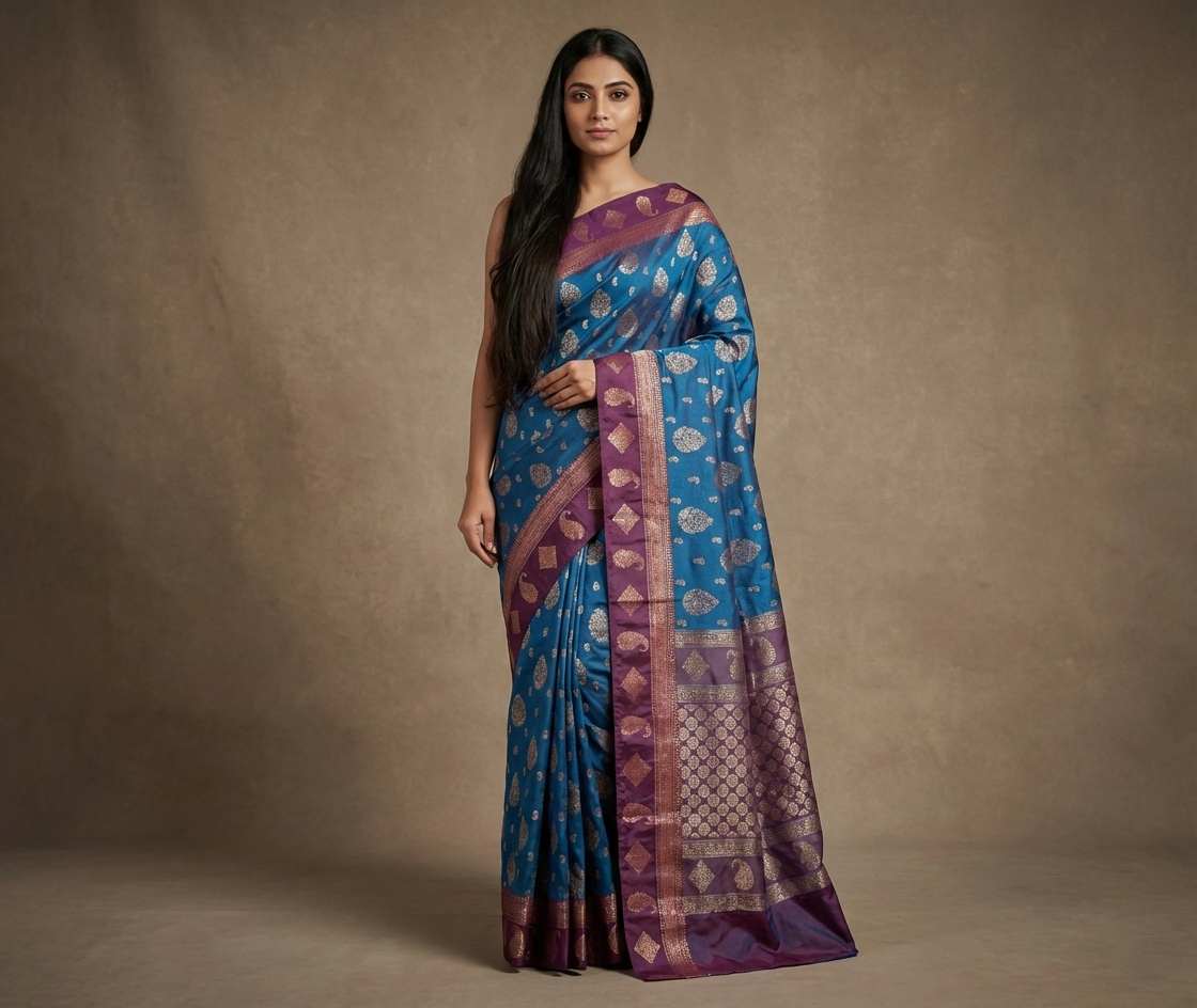 Teal Blue & Purple Resham Kanjivaram Silk Saree With Zari Work - No. AA2602