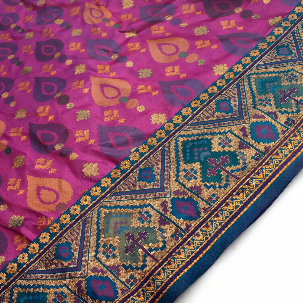 Rani Pink & Teal Pochampally Ikkat Silk Saree