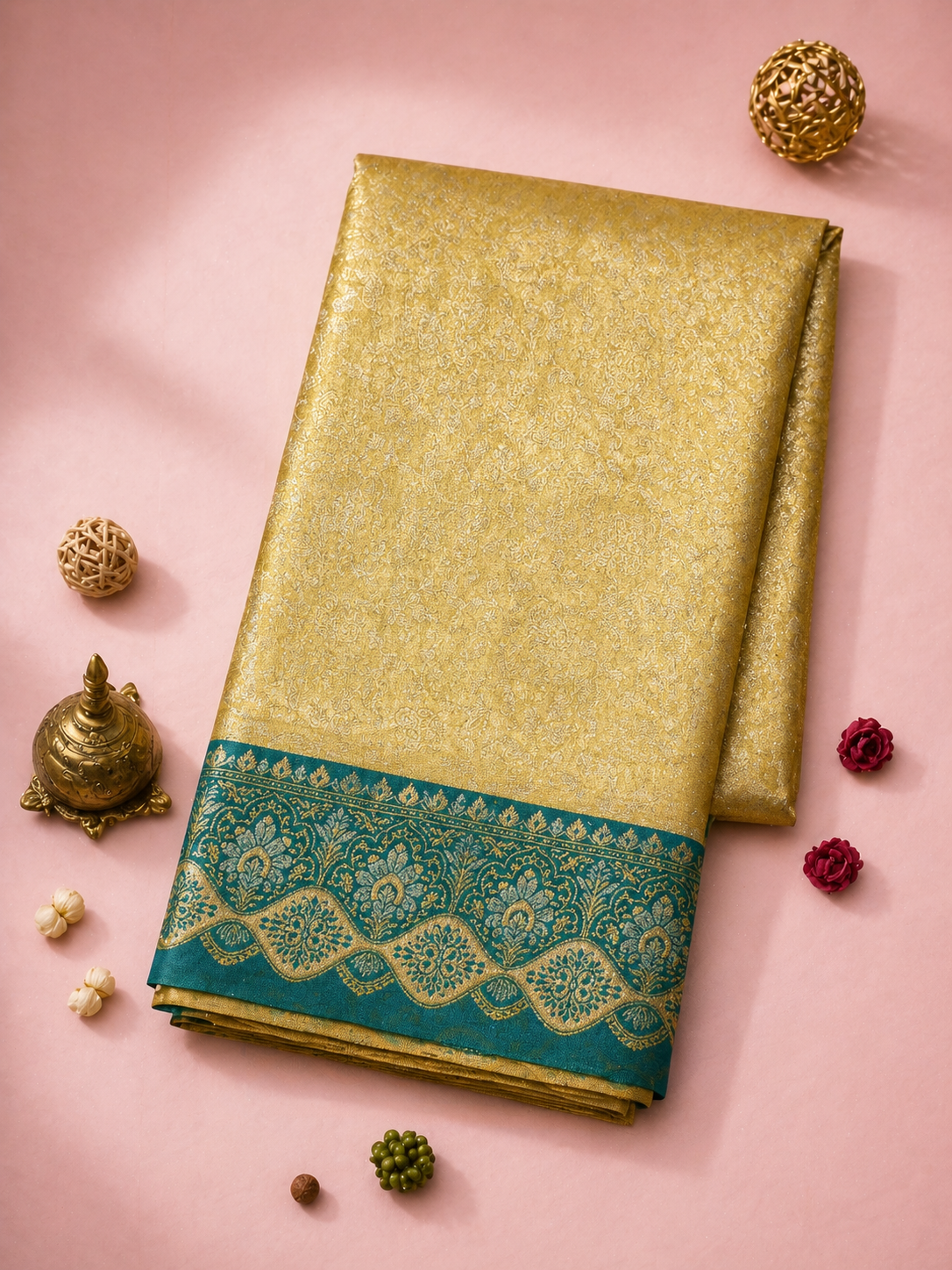 Golden Yellow Soft Silk Kanjivaram Saree with Teal Floral Vine Border
